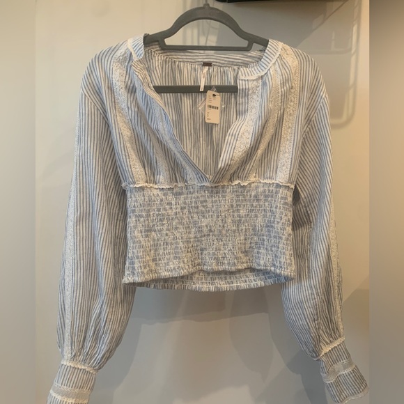 NWT Free People Pinstripe Long Sleeve Ruffle Crop Top Size: S/P MSRP:88 - Picture 9 of 11